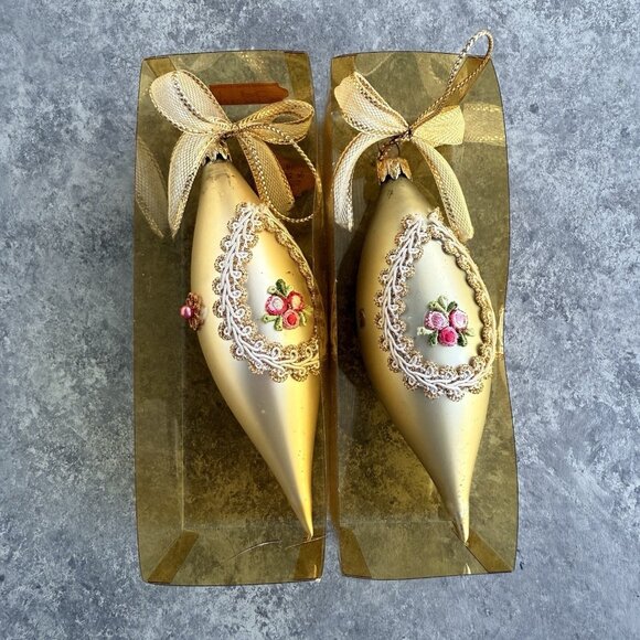 Vintage West Germany Gold Floral Glass Teardrop Christmas Ornaments 6” Set Of 2 - Picture 1 of 9